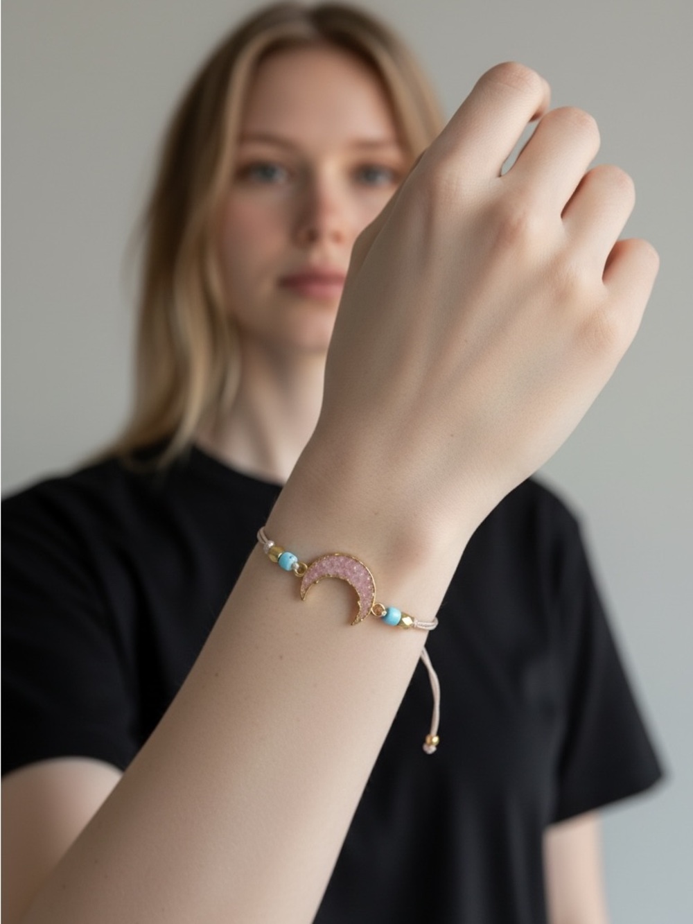 9/19 Gold Crescent Pink Stone Adjustable Bracelet